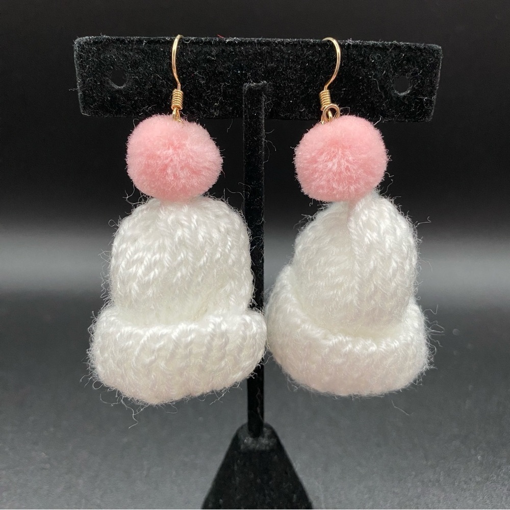 Hand knit White and Pink Winter Hat Toque Earrings